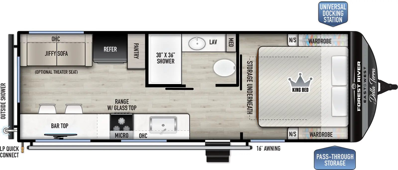 The Della Terra 200RD floorplan has one entry and zero slide outs. Exterior features include: metal exterior and 16' awning. Interiors features include: front bedroom.